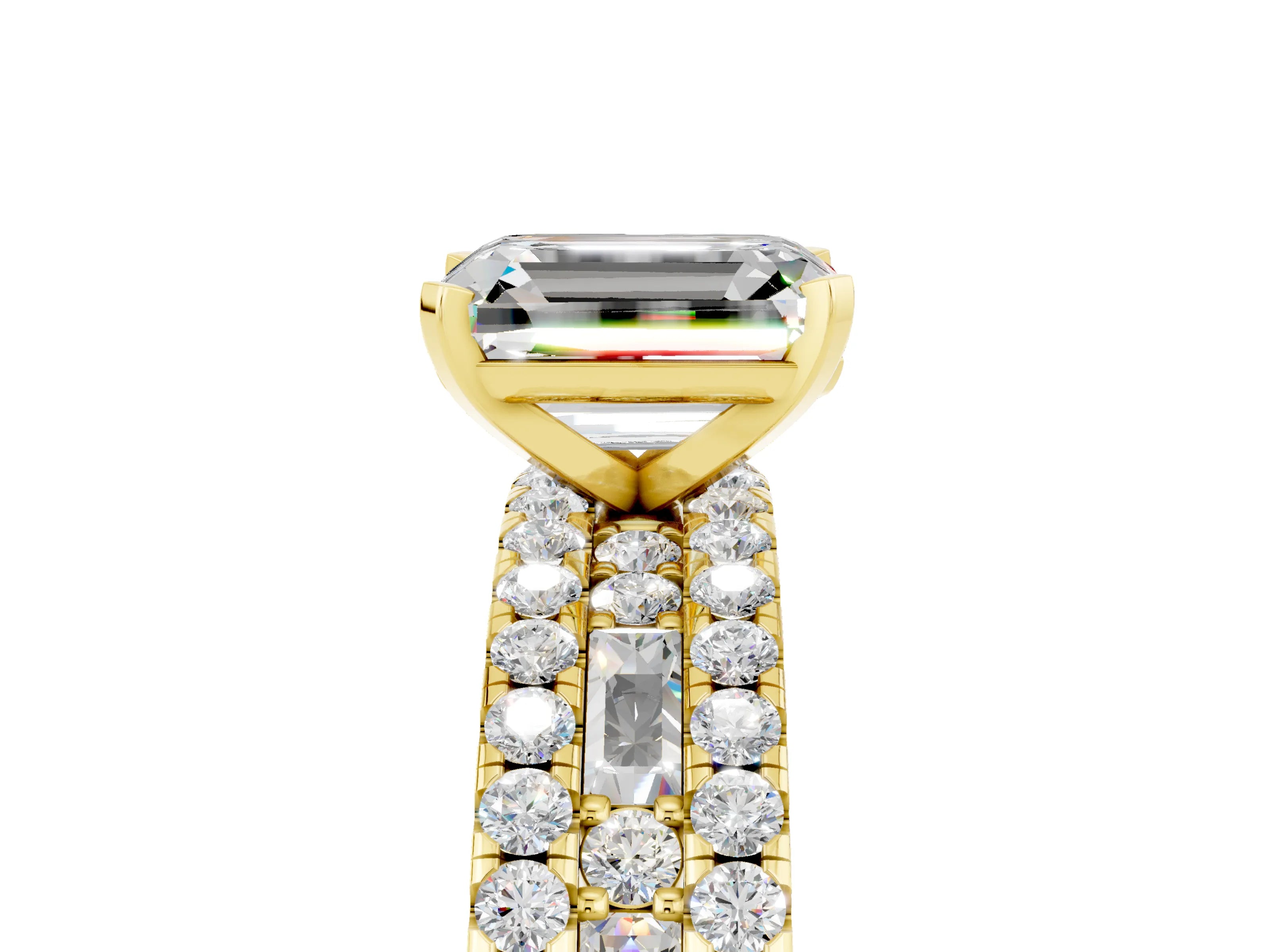Yellow gold Emerald Cut Moissanite Solitaire Ring with Pavé and Channel Set Band_5