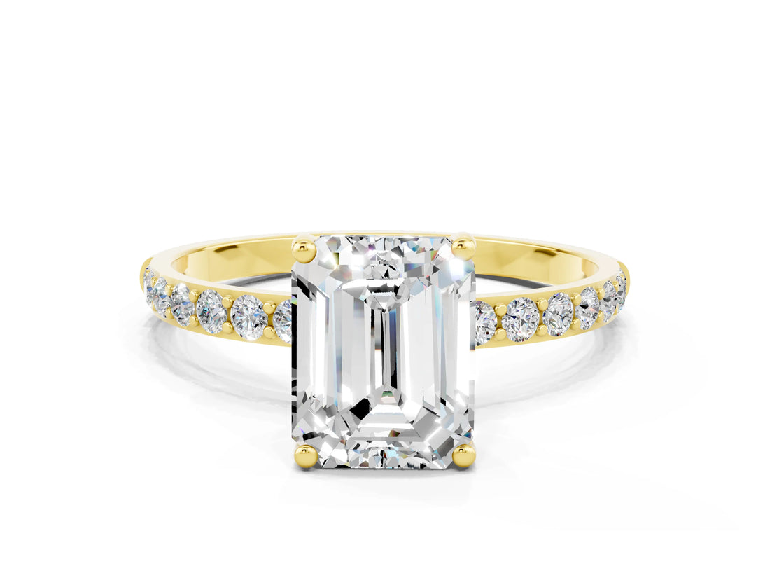 Yellow gold Emerald Cut Moissanite Solitaire Ring with Pave Band and Four Prong Setting_24