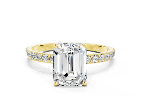 Yellow gold Emerald Cut Moissanite Solitaire Ring with Pave Band and Four Prong Setting_24