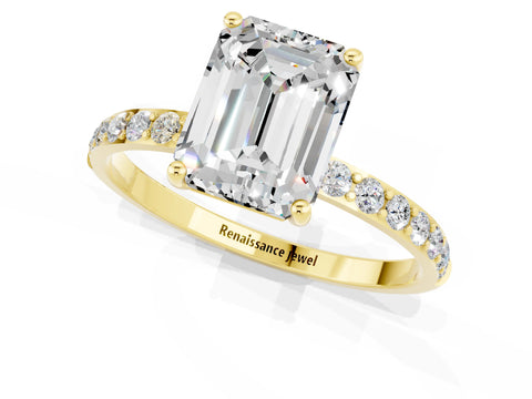 Yellow gold Emerald Cut Moissanite Solitaire Ring with Pave Band and Four Prong Setting_25