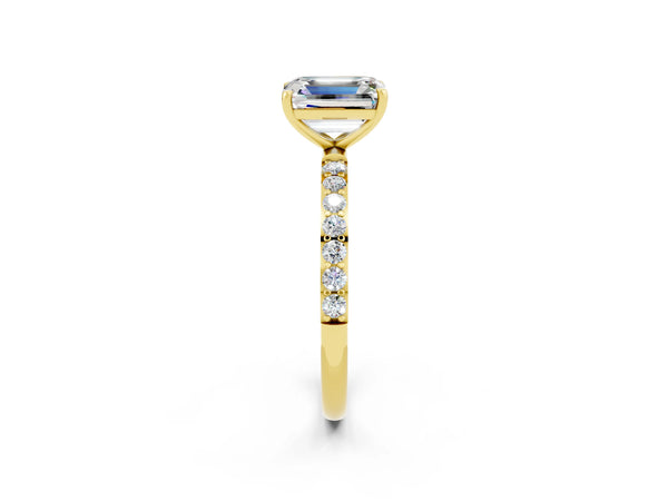 Yellow gold Emerald Cut Moissanite Solitaire Ring with Round  Pavé Band and Prong Setting