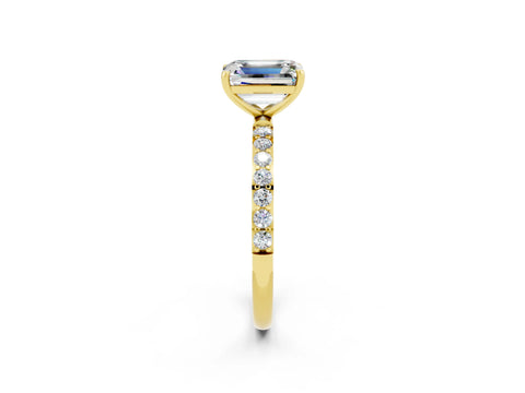 Yellow gold Emerald Cut Moissanite Solitaire Ring with Pave Band and Four Prong Setting_26