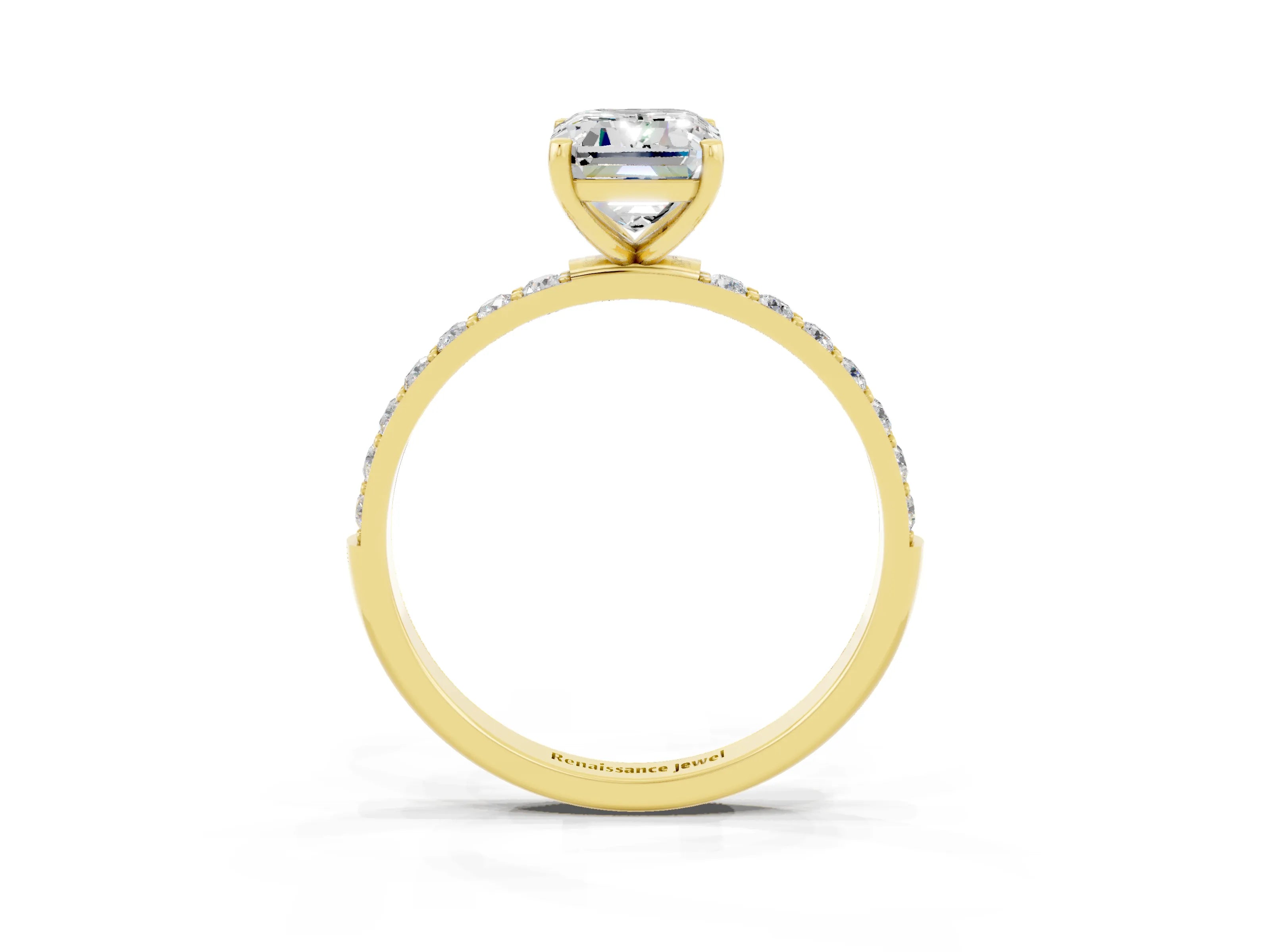 Yellow gold Emerald Cut Moissanite Solitaire Ring with Pave Band and Four Prong Setting_27