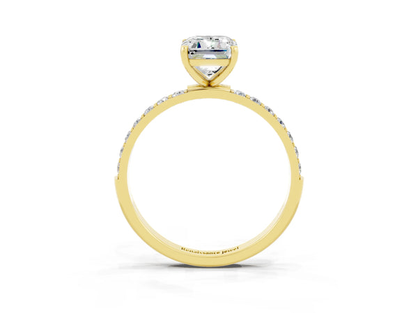 Yellow gold Emerald Cut Moissanite Solitaire Ring with Round  Pavé Band and Prong Setting
