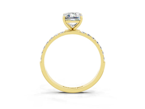 Yellow gold Emerald Cut Moissanite Solitaire Ring with Pave Band and Four Prong Setting_27
