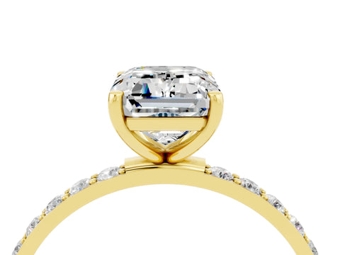 Yellow gold Emerald Cut Moissanite Solitaire Ring with Pave Band and Four Prong Setting_28