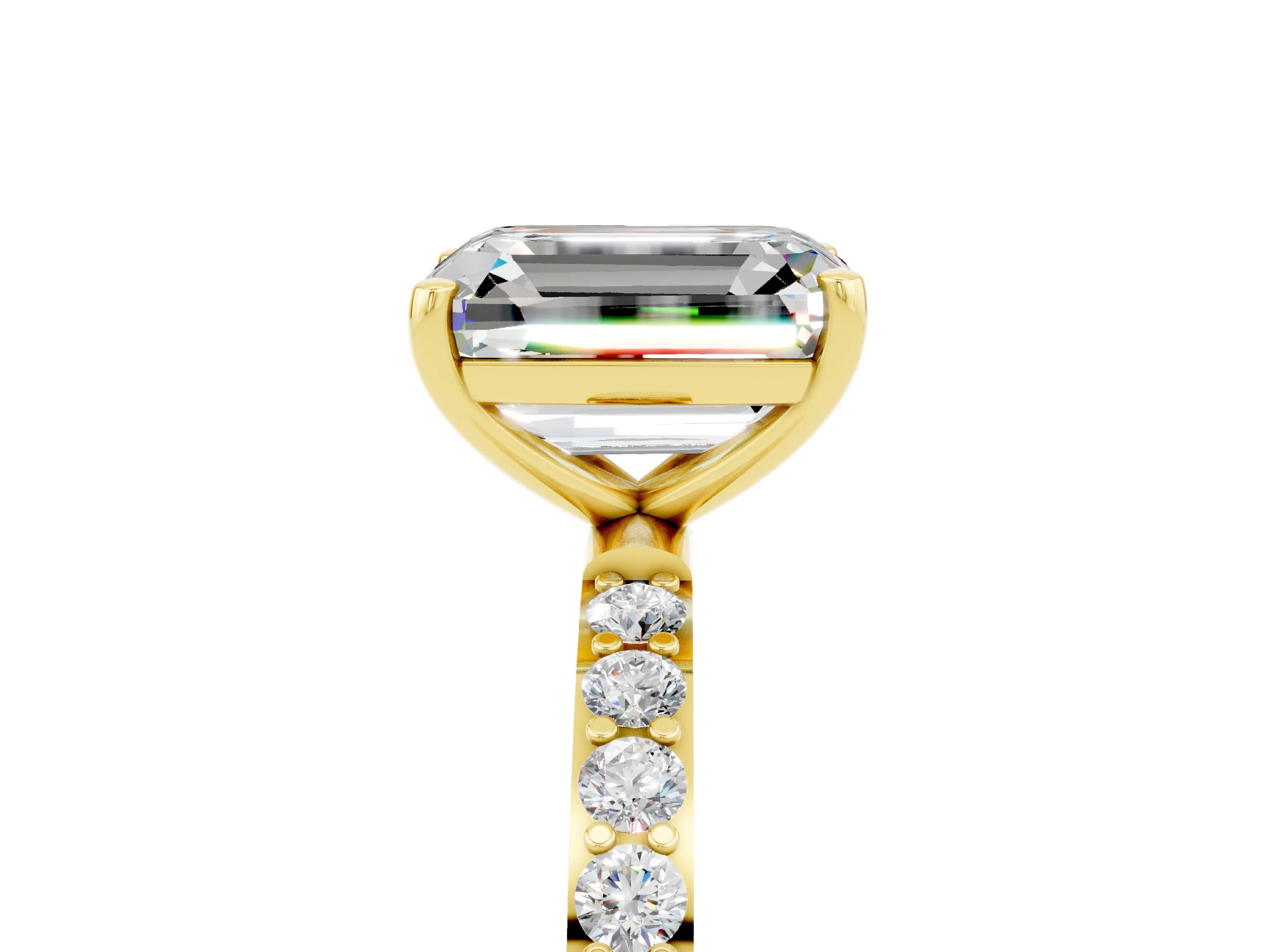 Yellow gold Emerald Cut Moissanite Solitaire Ring with Pave Band and Four Prong Setting_29