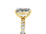 Yellow gold Emerald Cut Moissanite Solitaire Ring with Pave Band and Four Prong Setting_29