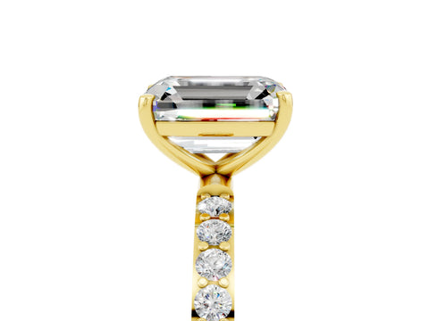 Yellow gold Emerald Cut Moissanite Solitaire Ring with Pave Band and Four Prong Setting_29