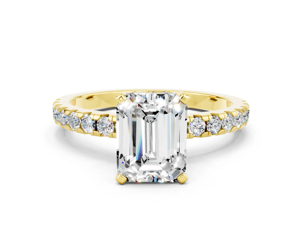 Yellow gold Emerald Cut Moissanite Solitaire Ring with Round  Pavé Band and Four-Prong Setting
