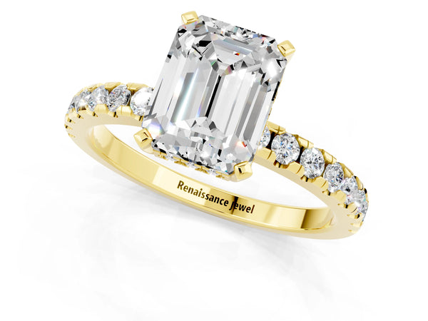 Yellow gold Emerald Cut Moissanite Solitaire Ring with Round  Pavé Band and Four-Prong Setting