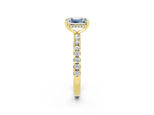 Yellow gold Emerald Cut Moissanite Solitaire Ring with Round  Pavé Band and Four-Prong Setting