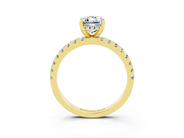 Yellow gold Emerald Cut Moissanite Solitaire Ring with Round  Pavé Band and Four-Prong Setting