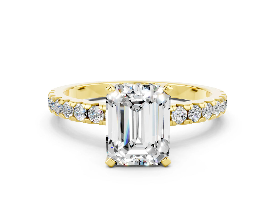 Yellow gold Emerald Cut Moissanite Solitaire Ring with Round  Pavé Band and Four-Prong Setting_36