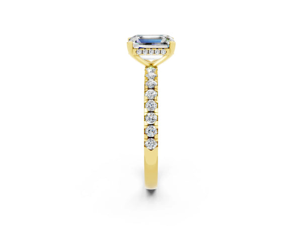 Yellow gold Emerald Cut Moissanite Solitaire Ring with Round Pavé Band and Four-Prong Setting