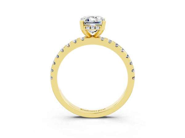 Yellow gold Emerald Cut Moissanite Solitaire Ring with Round Pavé Band and Four-Prong Setting