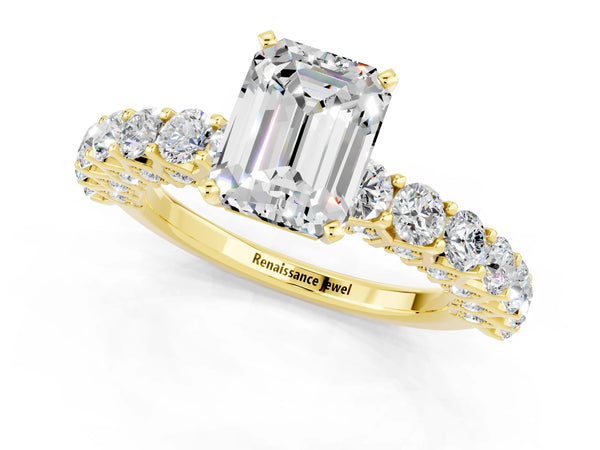 Yellow gold Emerald Cut Moissanite Solitaire Ring with Shared Prong Pavé Band and Four-Prong Setting