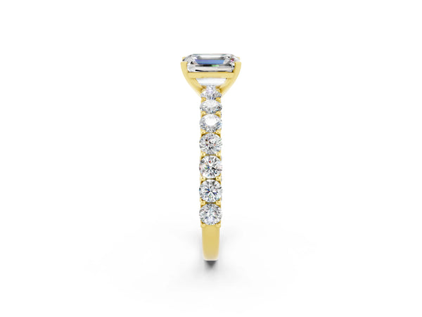 Yellow gold Emerald Cut Moissanite Solitaire Ring with Shared Prong Pavé Band and Four-Prong Setting