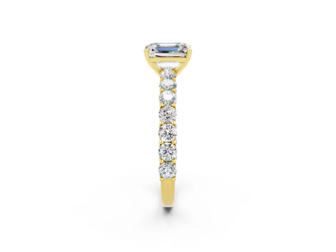 Yellow gold Emerald Cut Moissanite Solitaire Ring with Shared Prong Pavé Band and Four-Prong Setting_2