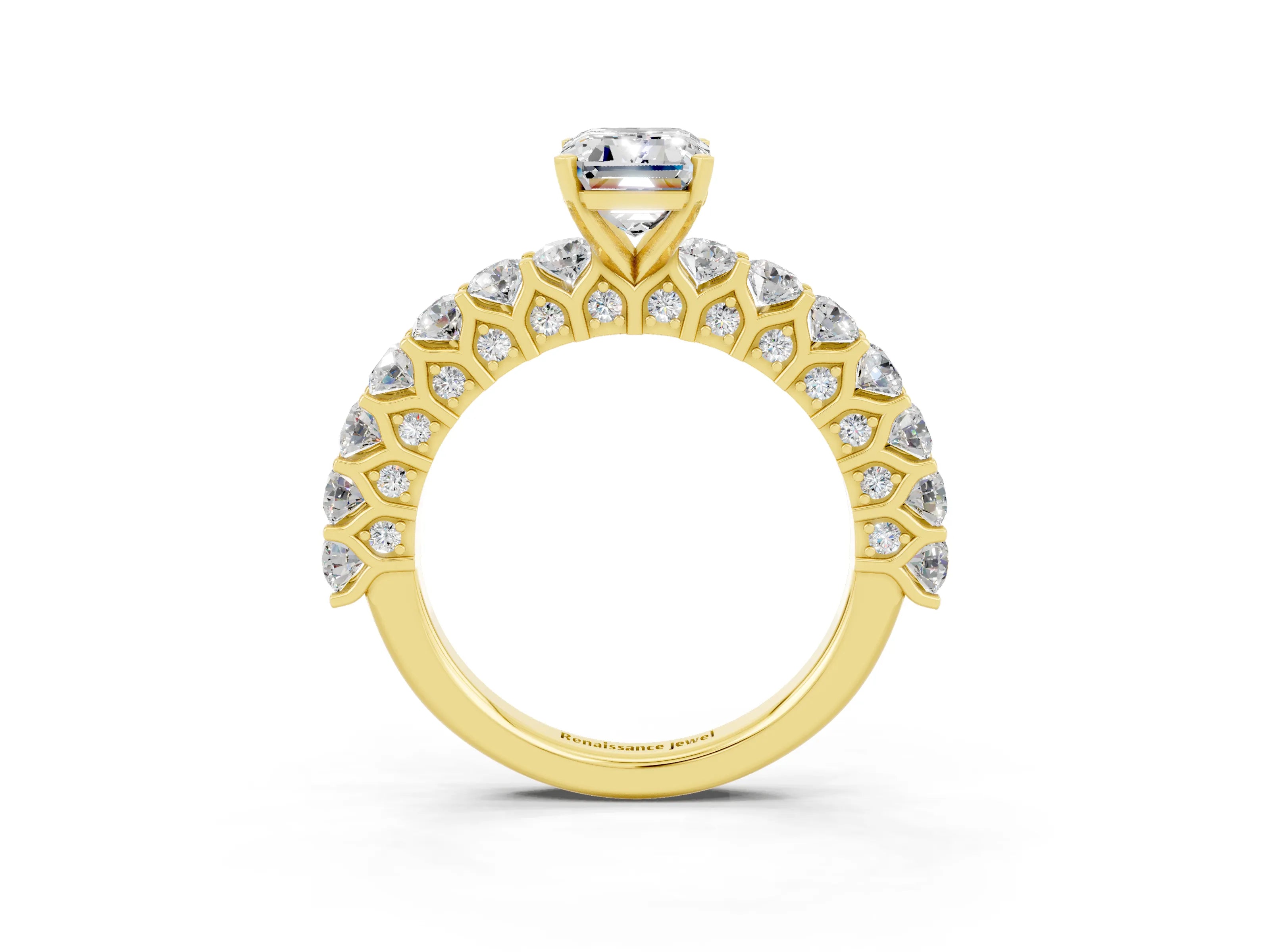 Yellow gold Emerald Cut Moissanite Solitaire Ring with Shared Prong Pavé Band and Four-Prong Setting_3