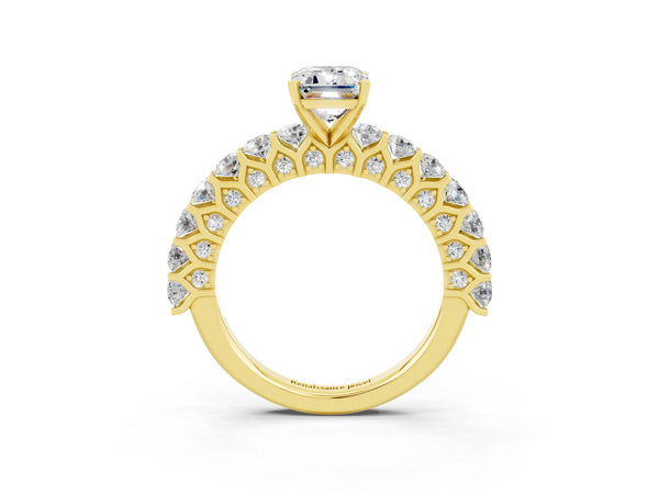 Yellow gold Emerald Cut Moissanite Solitaire Ring with Shared Prong Pavé Band and Four-Prong Setting