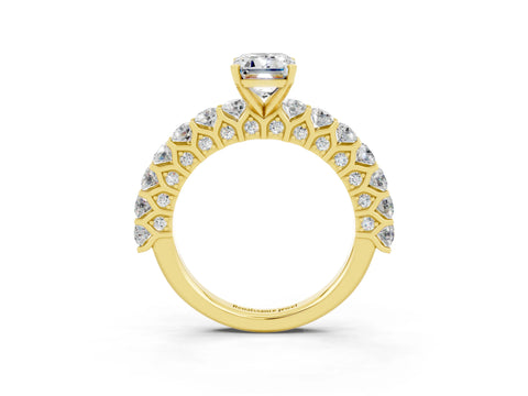 Yellow gold Emerald Cut Moissanite Solitaire Ring with Shared Prong Pavé Band and Four-Prong Setting_3