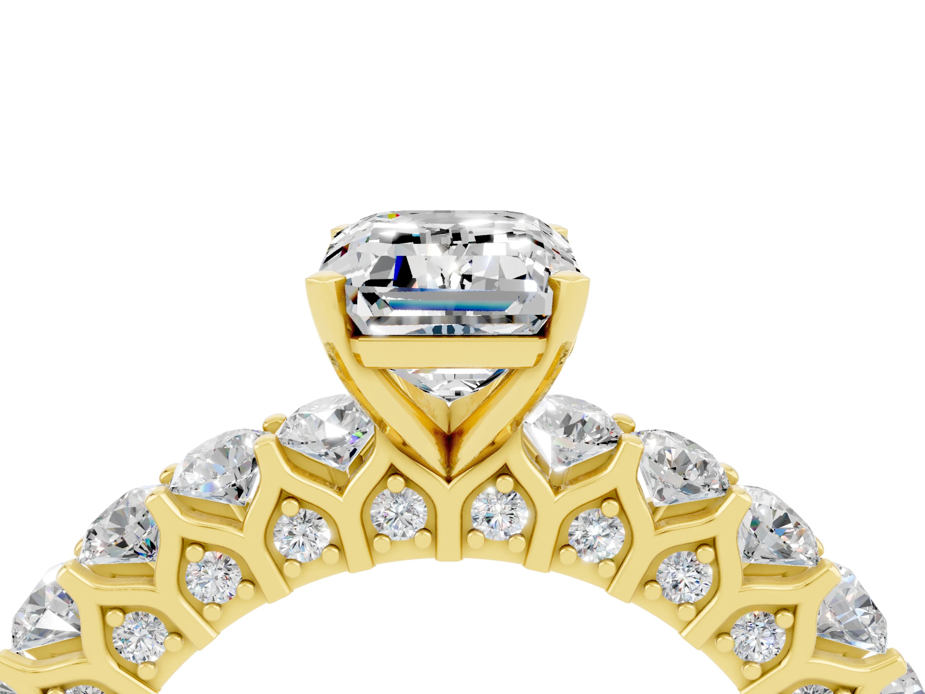 Yellow gold Emerald Cut Moissanite Solitaire Ring with Shared Prong Pavé Band and Four-Prong Setting_4