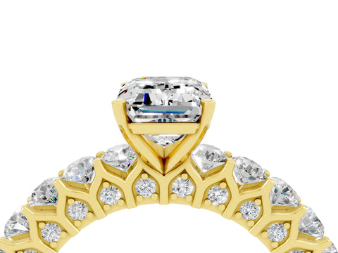 Yellow gold Emerald Cut Moissanite Solitaire Ring with Shared Prong Pavé Band and Four-Prong Setting_4