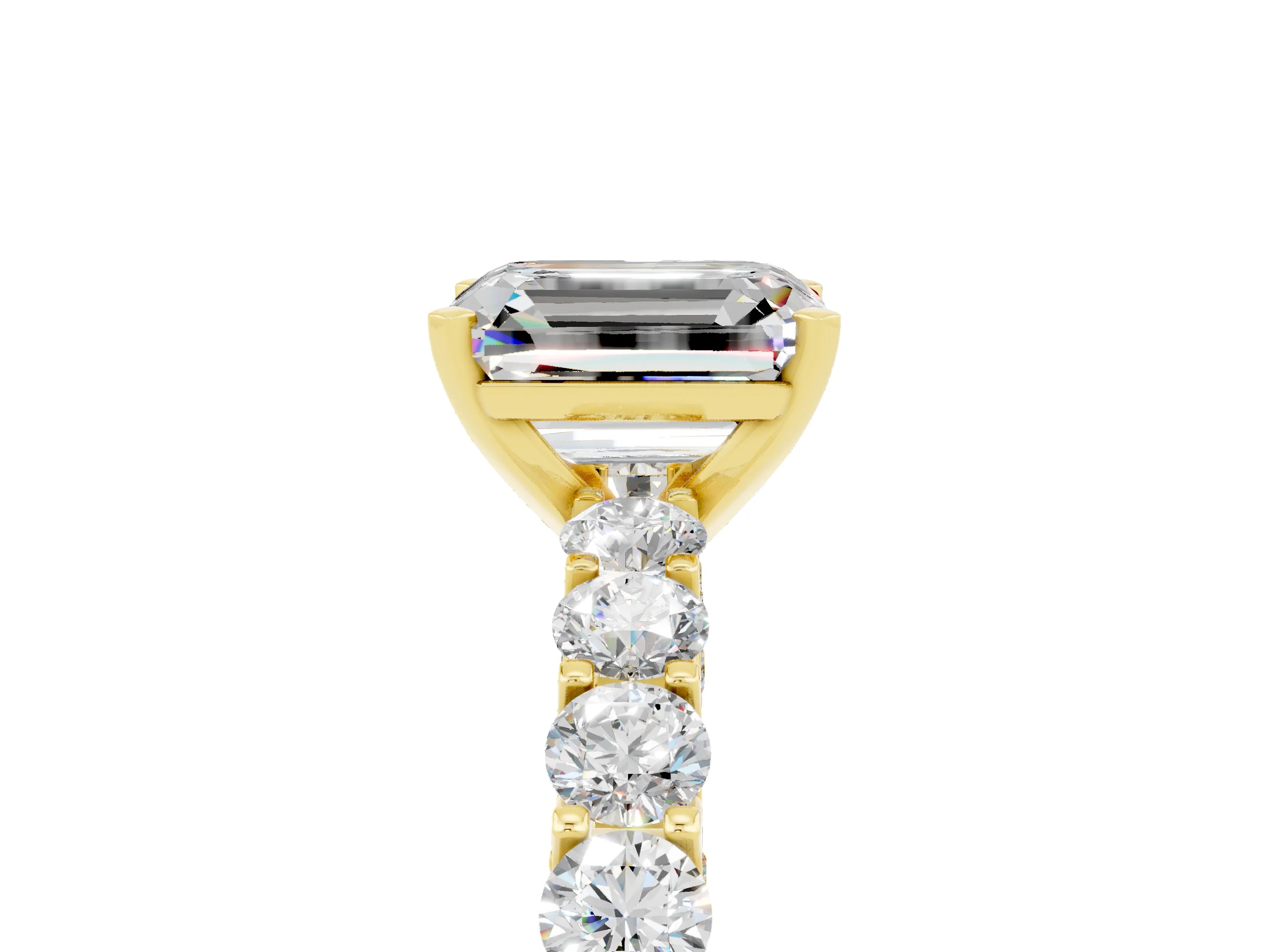 Yellow gold Emerald Cut Moissanite Solitaire Ring with Shared Prong Pavé Band and Four-Prong Setting_5