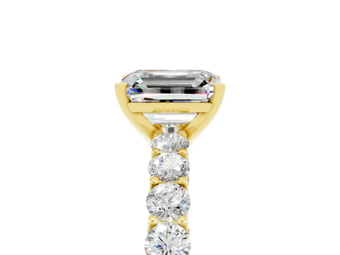Yellow gold Emerald Cut Moissanite Solitaire Ring with Shared Prong Pavé Band and Four-Prong Setting_5