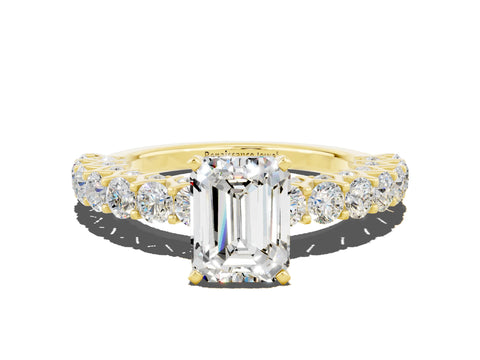 Yellow gold Emerald Cut Moissanite Solitaire Ring with Shared Prong Pavé Band and Four-Prong Setting