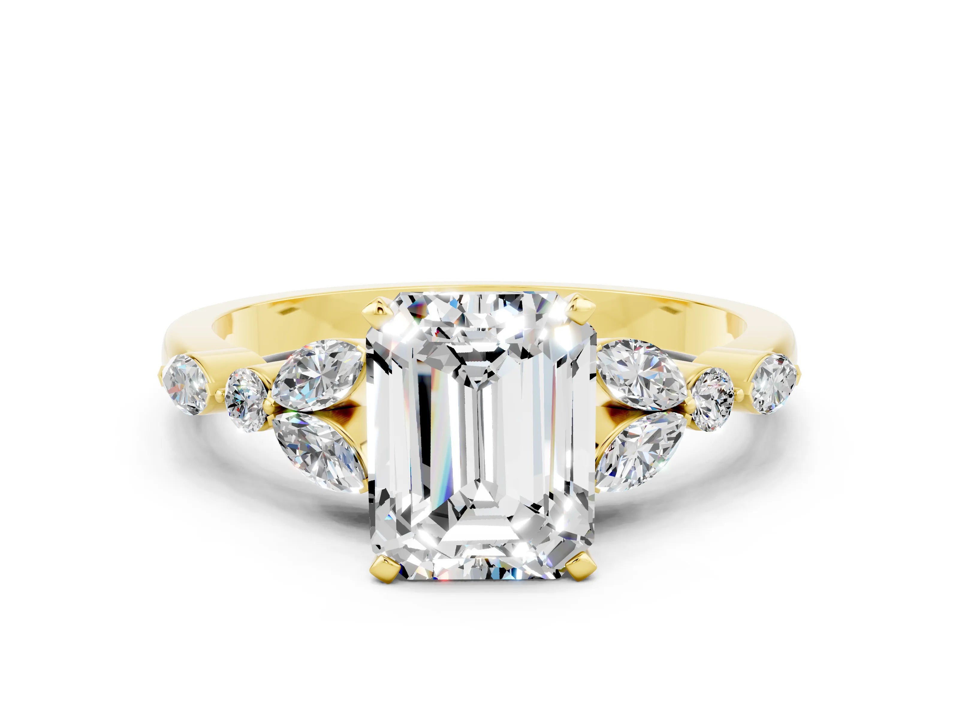 Yellow gold Emerald Cut Moissanite Solitaire Ring with Side Stones and Four-Prong Setting_12