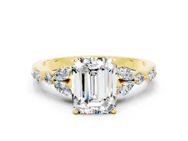 Yellow gold Emerald Cut Moissanite Solitaire Ring with Side Stones and Four-Prong Setting