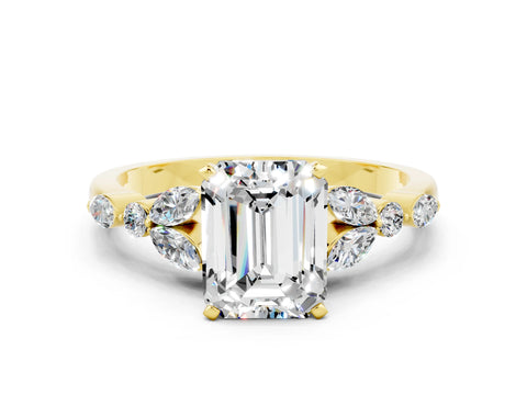 Yellow gold Emerald Cut Moissanite Solitaire Ring with Side Stones and Four-Prong Setting_12