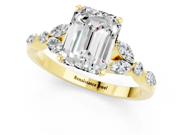Yellow gold Emerald Cut Moissanite Solitaire Ring with Side Stones and Four-Prong Setting