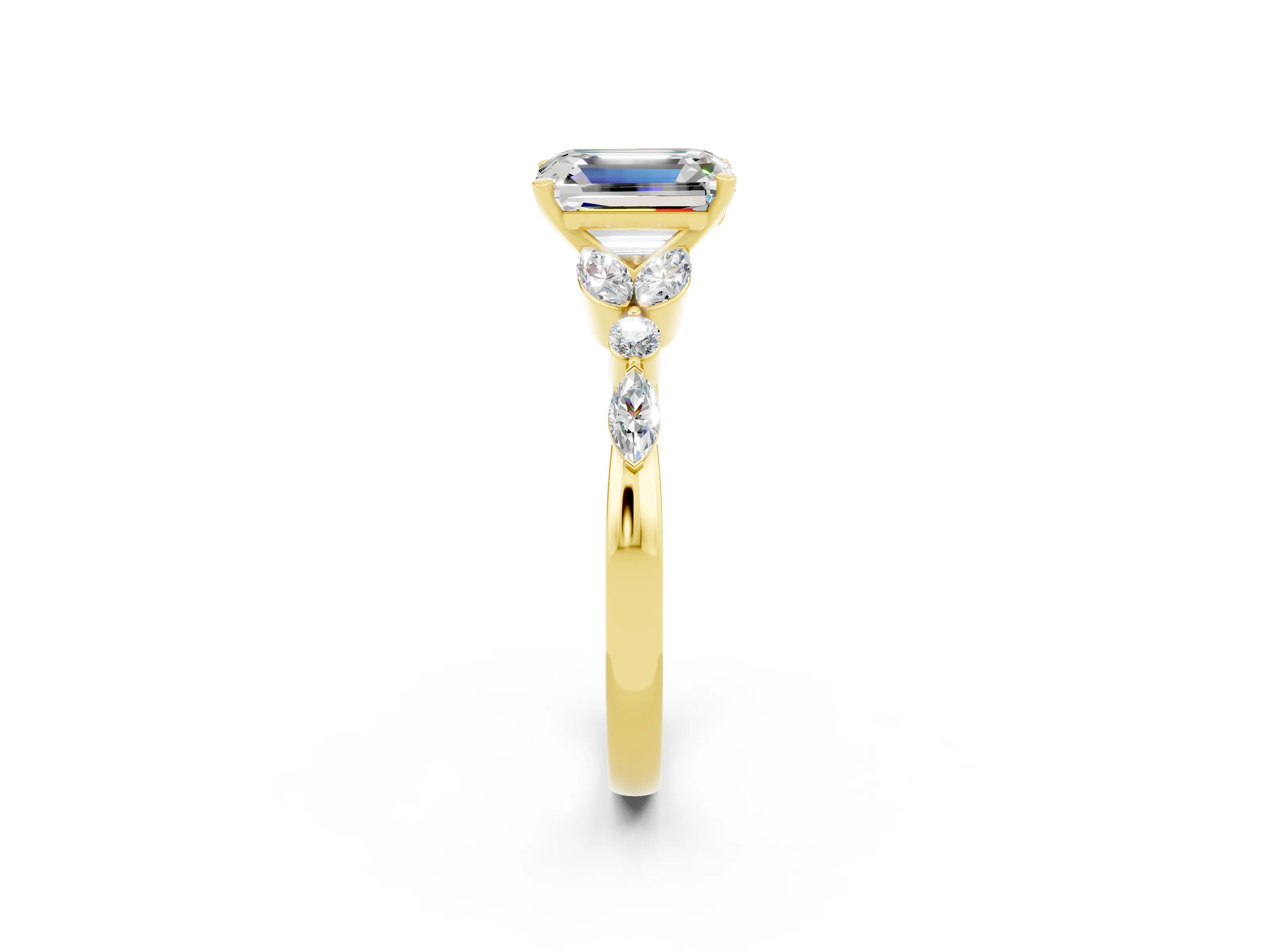 Yellow gold Emerald Cut Moissanite Solitaire Ring with Side Stones and Four-Prong Setting_14