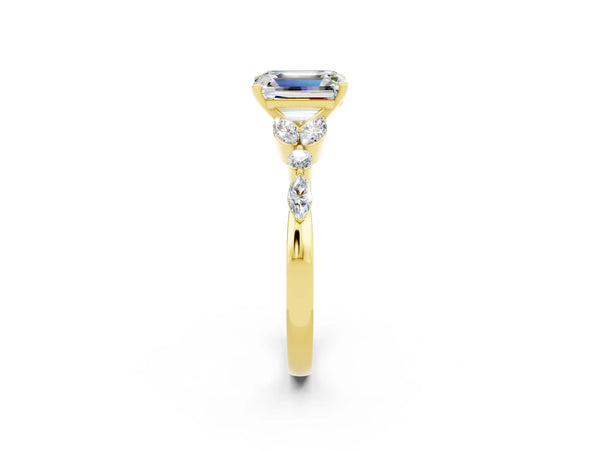 Yellow gold Emerald Cut Moissanite Solitaire Ring with Side Stones and Four-Prong Setting