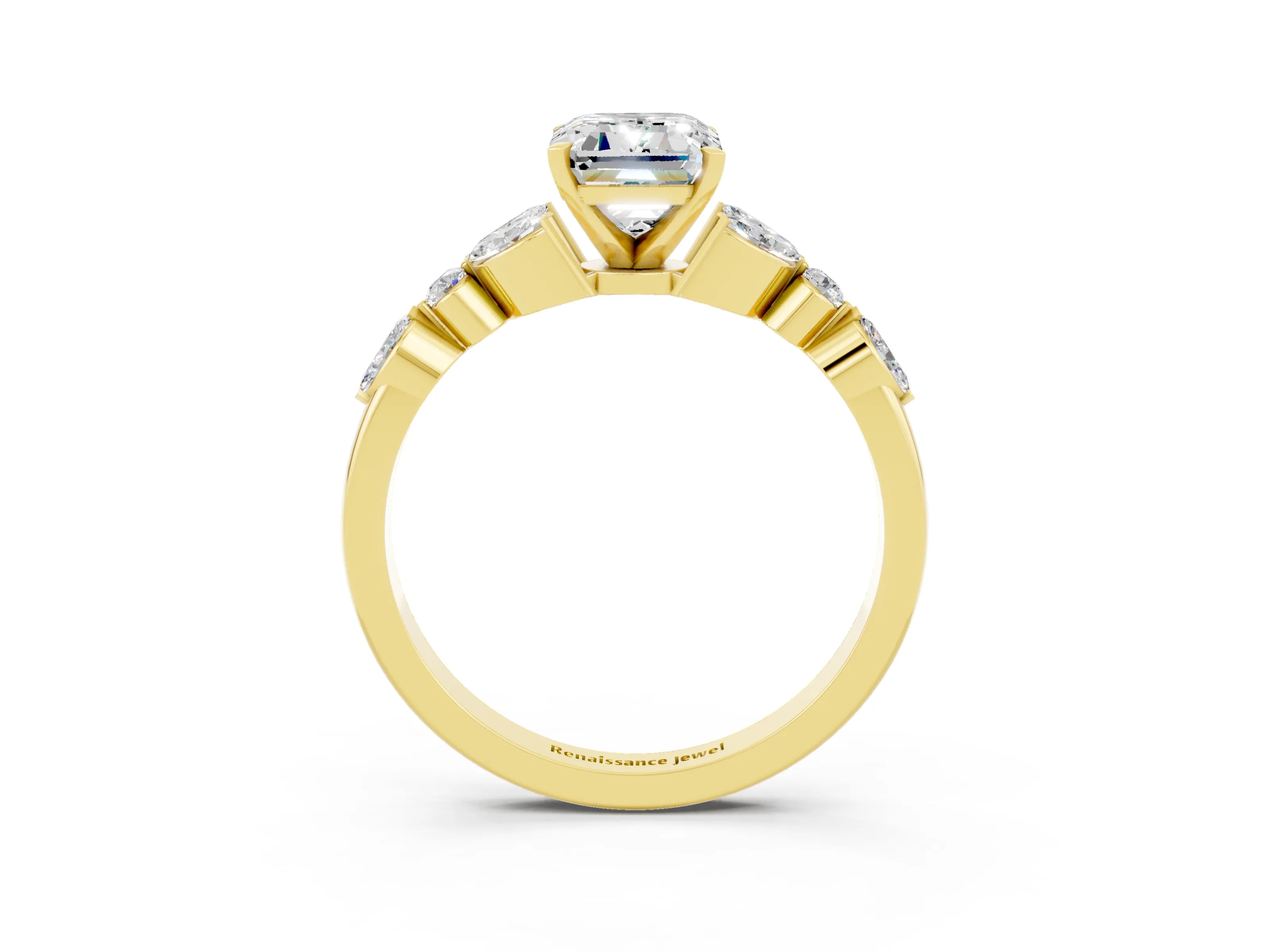 Yellow gold Emerald Cut Moissanite Solitaire Ring with Side Stones and Four-Prong Setting_15