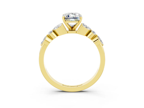 Yellow gold Emerald Cut Moissanite Solitaire Ring with Side Stones and Four-Prong Setting