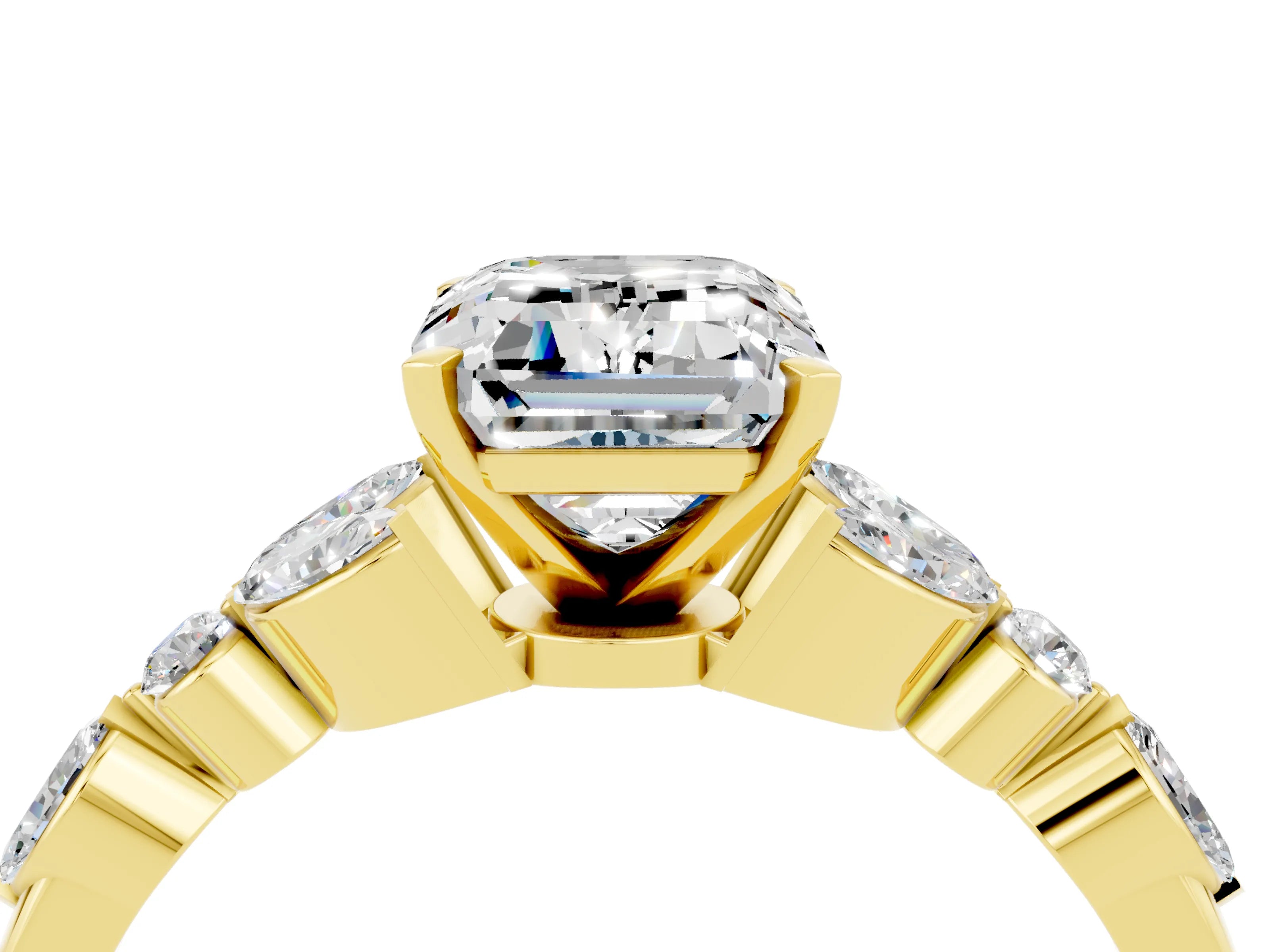 Yellow gold Emerald Cut Moissanite Solitaire Ring with Side Stones and Four-Prong Setting_16