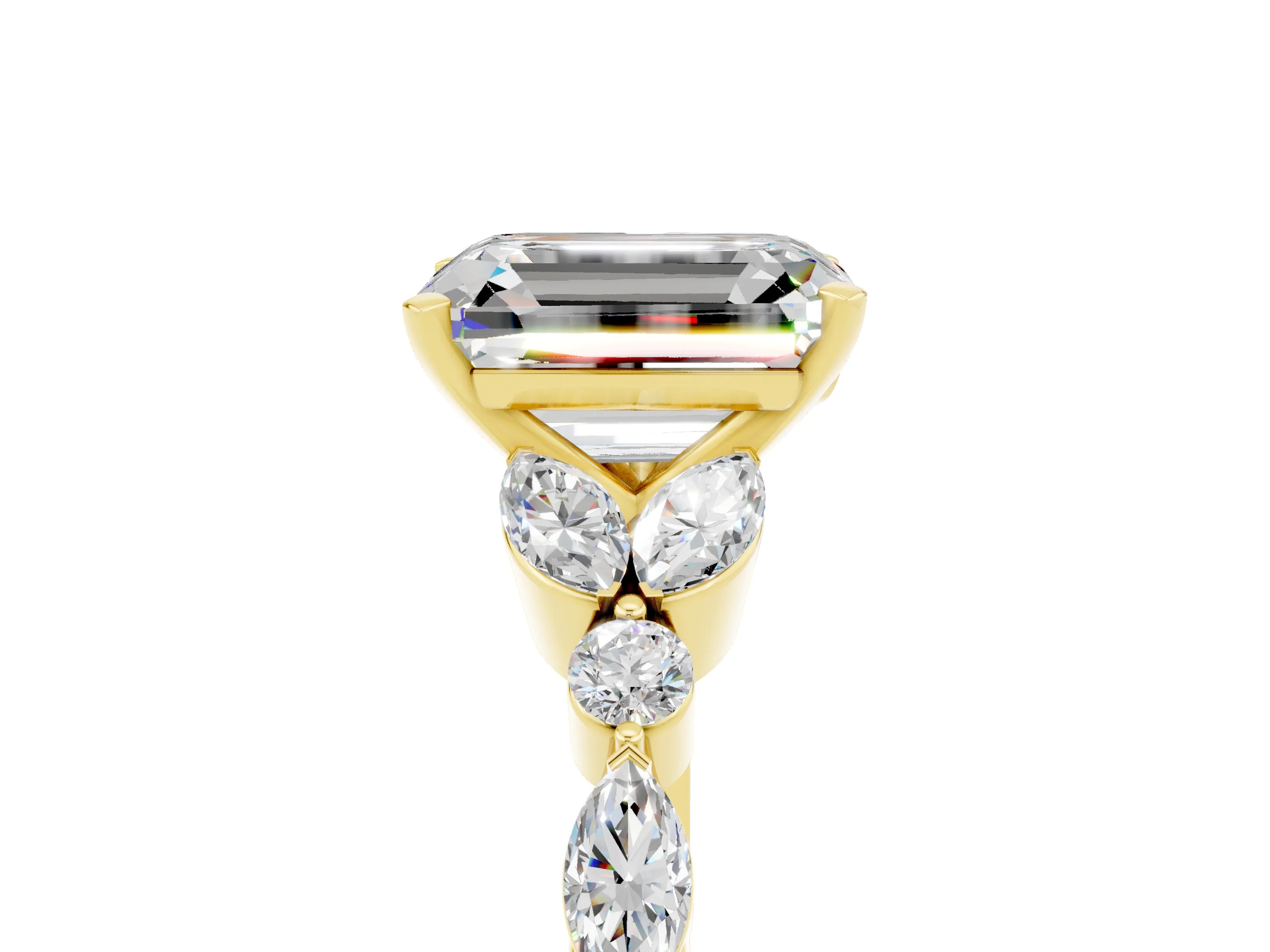 Yellow gold Emerald Cut Moissanite Solitaire Ring with Side Stones and Four-Prong Setting_17