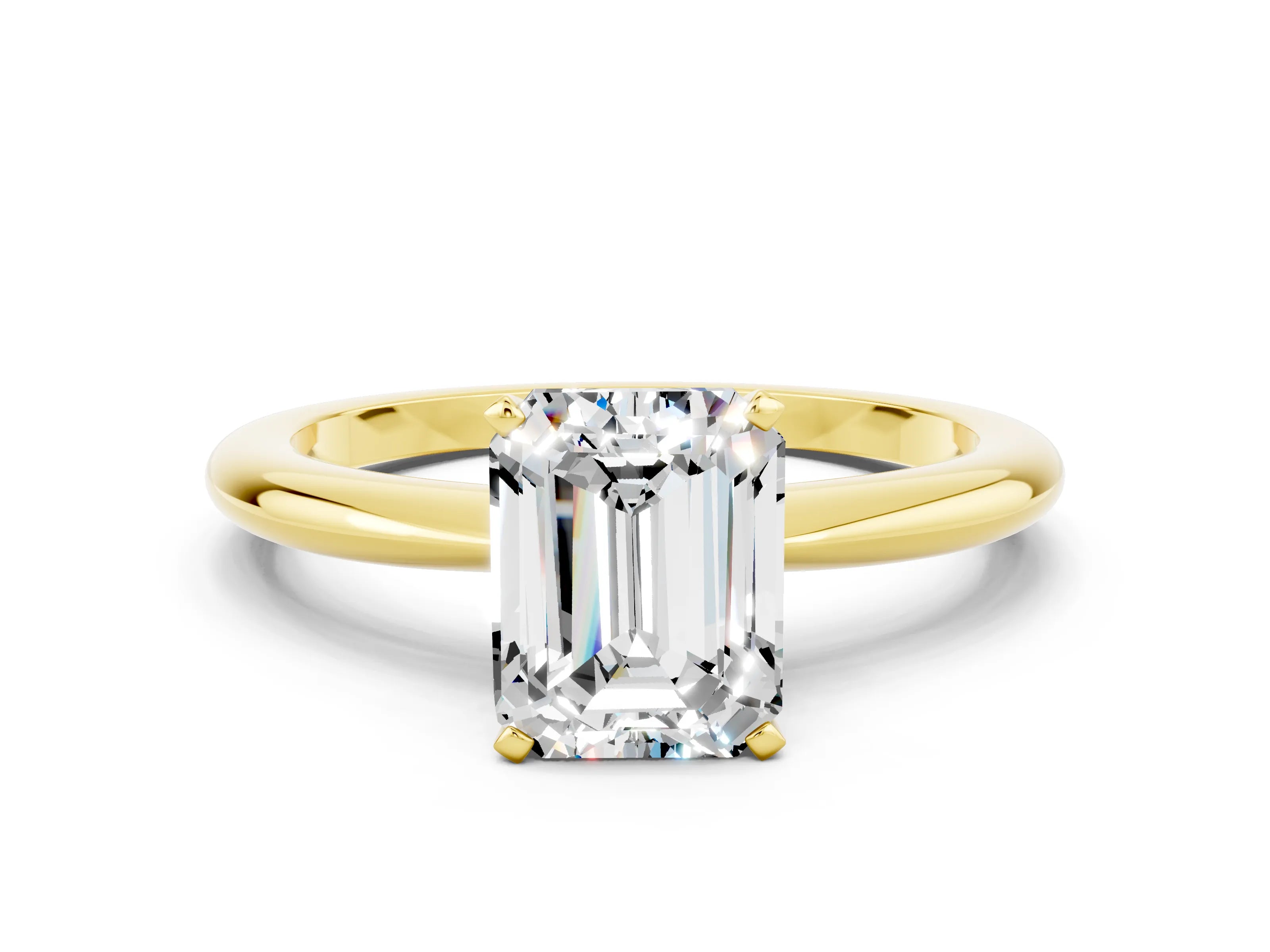 Yellow gold Emerald Cut Moissanite Solitaire Ring with Six-Prong Setting and Classic Band