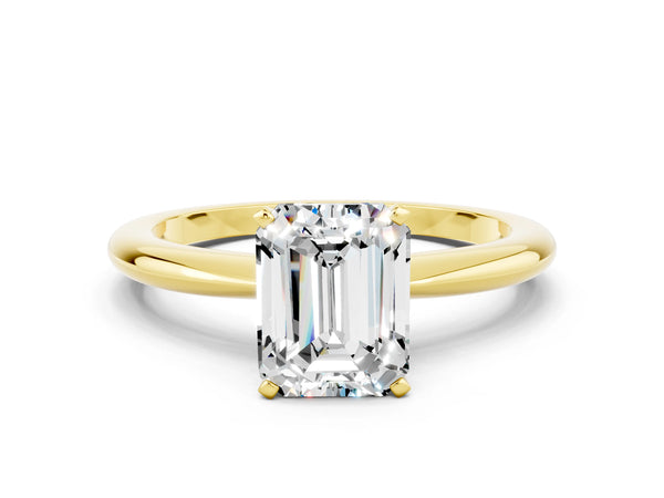 Yellow gold Emerald Cut Moissanite Solitaire Ring with Six-Prong Setting and Classic Band