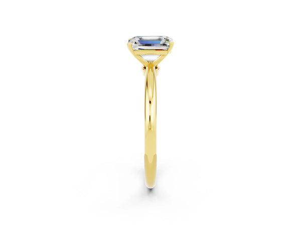 Yellow gold Emerald Cut Moissanite Solitaire Ring with Six-Prong Setting and Classic Band