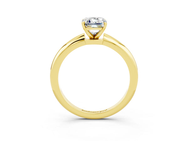Yellow gold Emerald Cut Moissanite Solitaire Ring with Six-Prong Setting and Classic Band