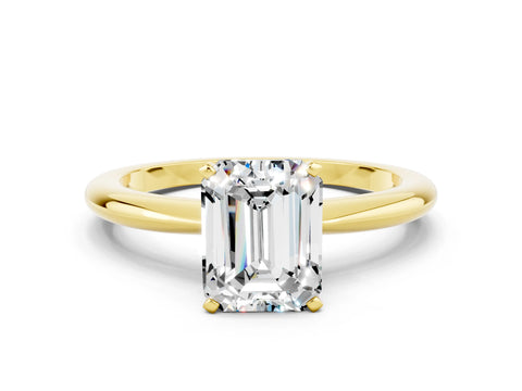 Yellow gold Emerald Cut Moissanite Solitaire Ring with Six-Prong Setting and Classic Band
