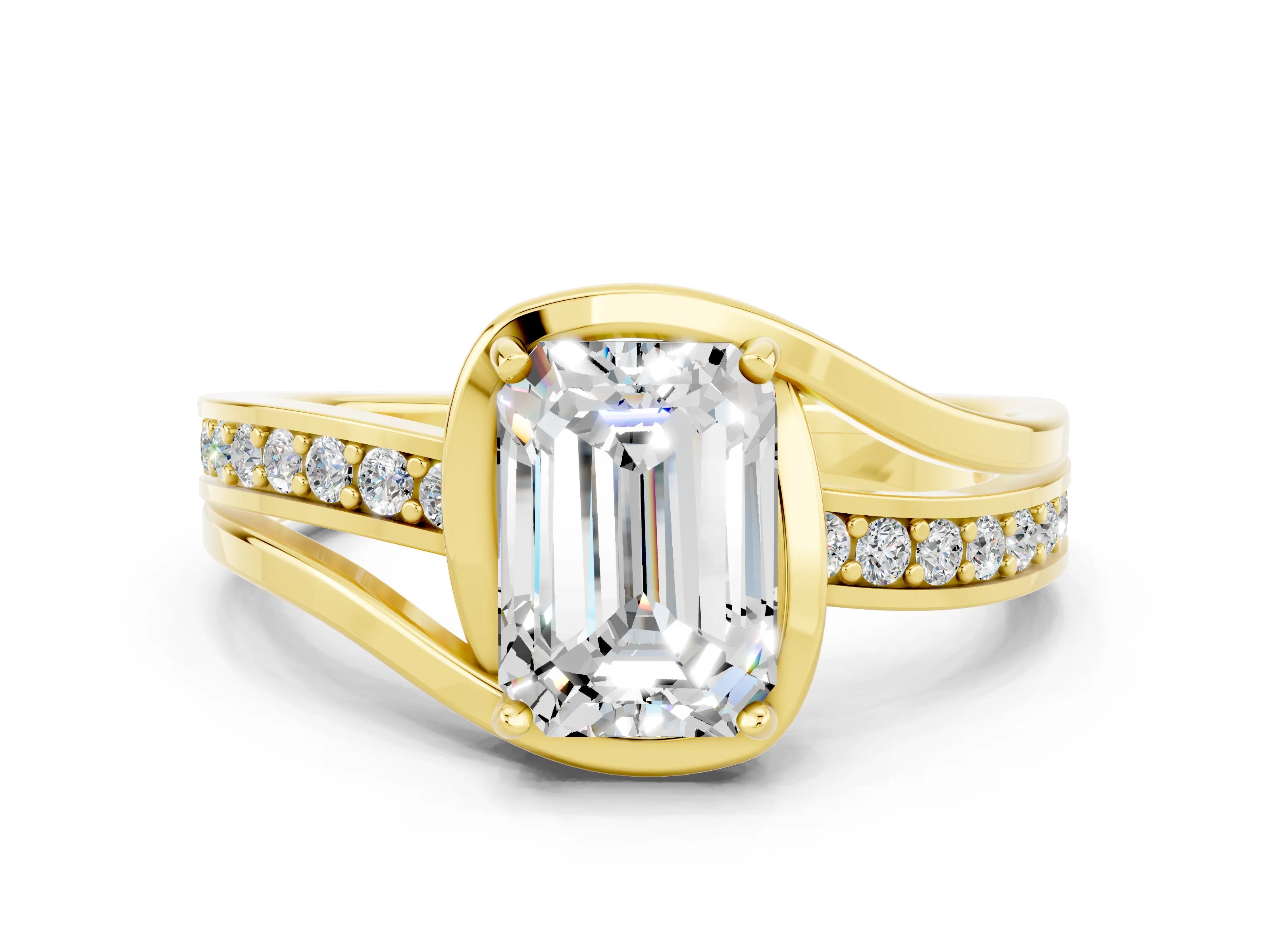 Yellow gold Emerald Cut Moissanite Solitaire Ring with Split Shank and Prong Setting