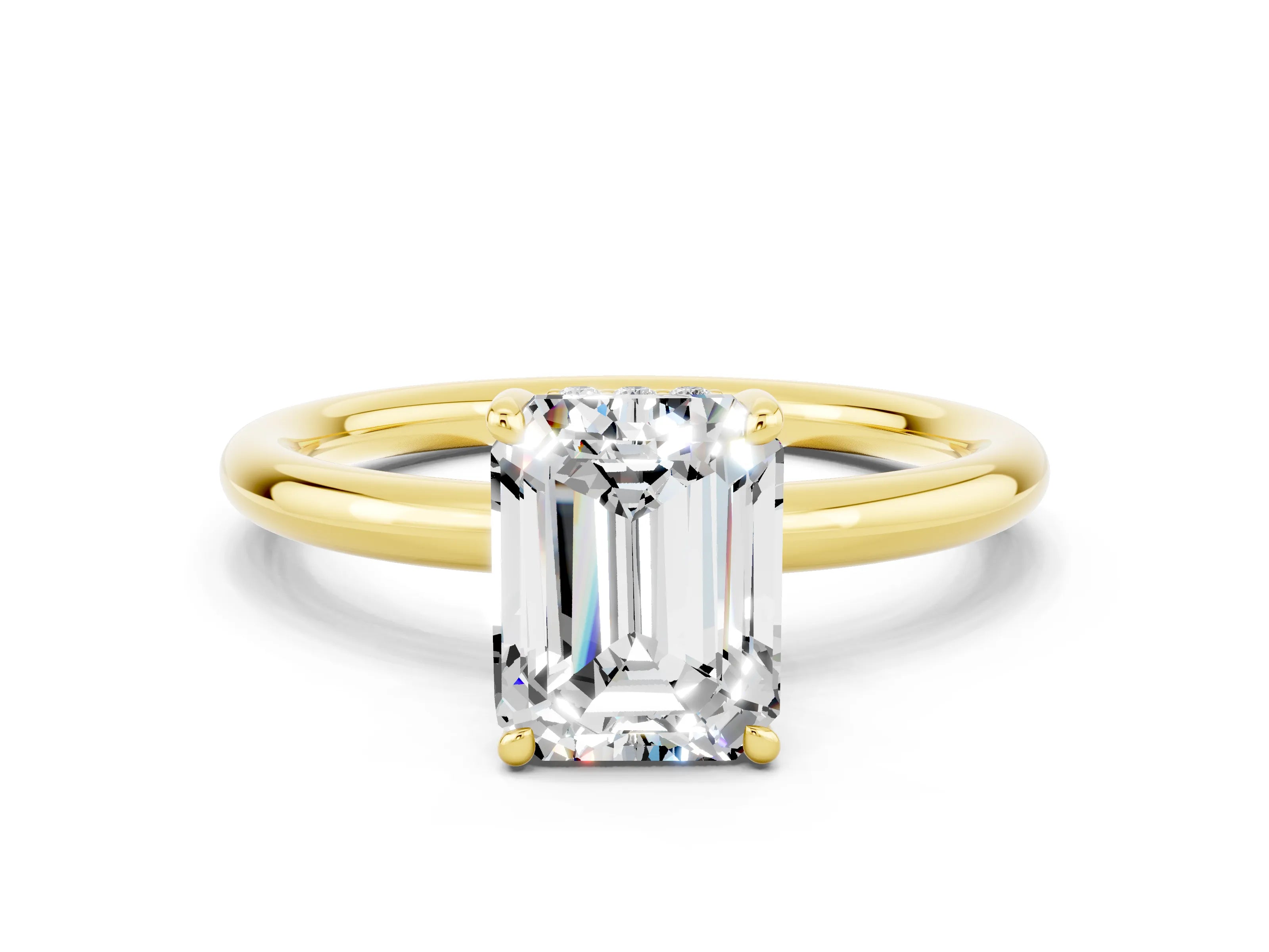 Yellow gold Emerald Cut Moissanite Solitaire Ring with Thin Band and Four-Prong Setting