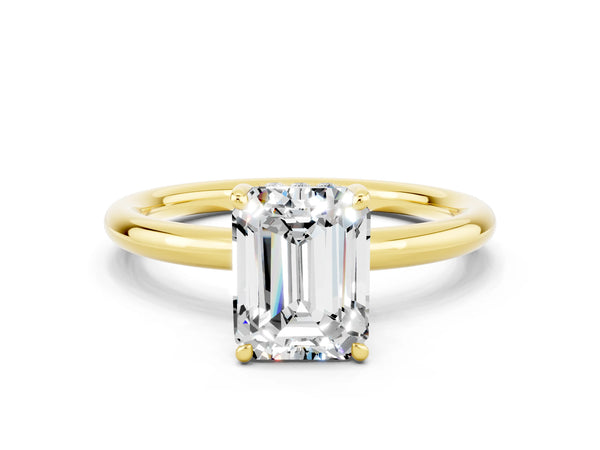 Yellow gold Emerald Cut Moissanite Solitaire Ring with Thin Band and Four-Prong Setting