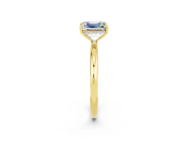 Yellow gold Emerald Cut Moissanite Solitaire Ring with Thin Band and Four-Prong Setting